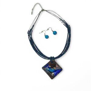 Erica Lyons Blue Art Glass Pendant Necklace 5-Strand Beaded w/ Matching Earrings